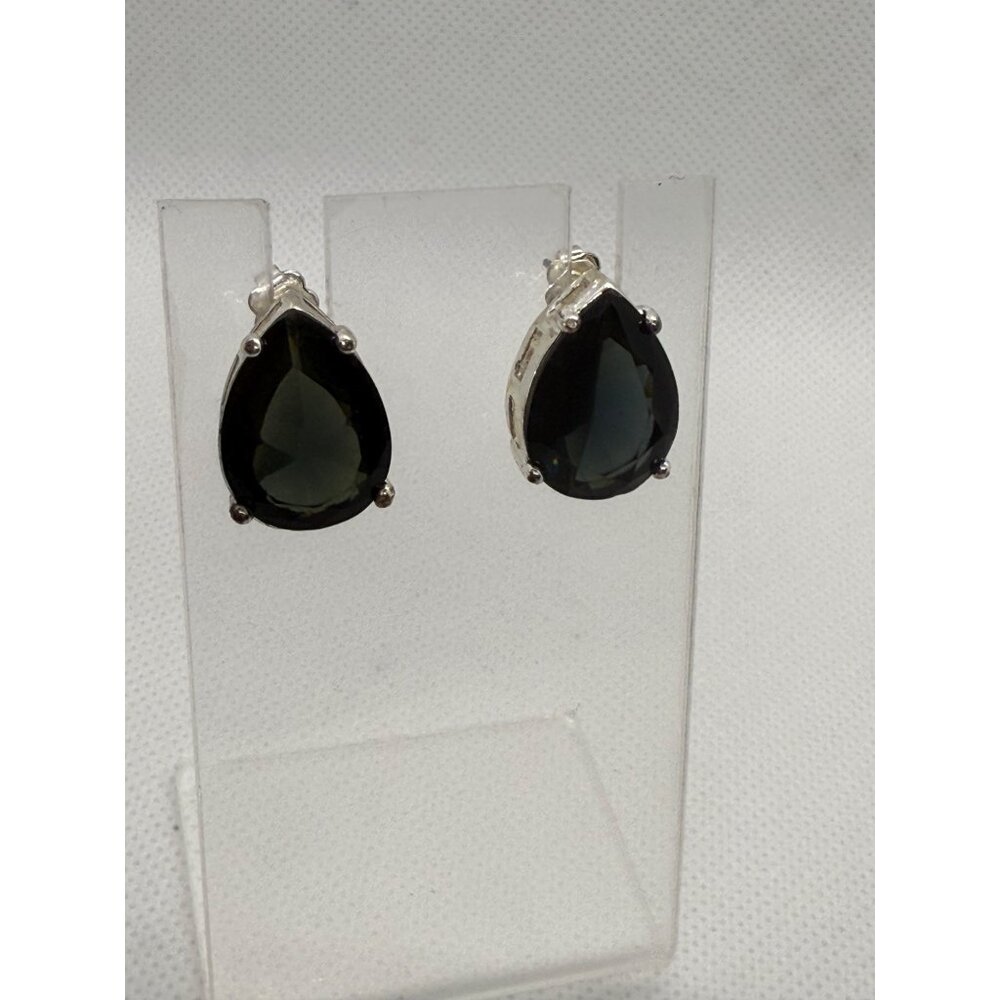 Teardrop Silver Stud Earrings With Black Crystals